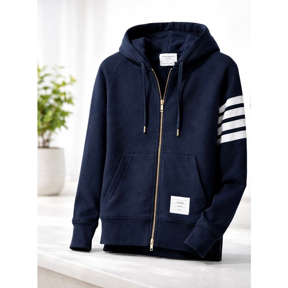 Thom Browne Engineered 4-Bar Zip-Up Drawstring Hoodie Navy Size M (2)